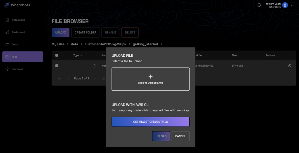 The Wherobots Cloud file browser