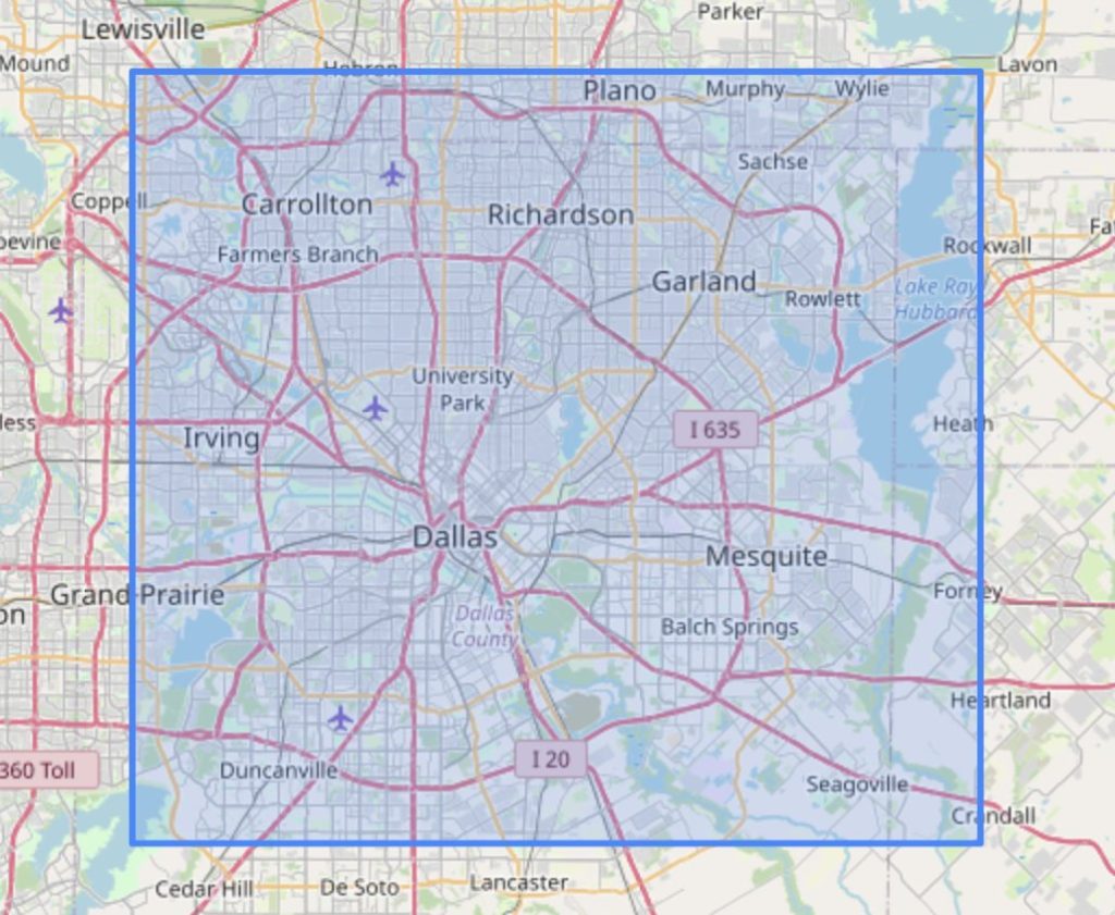 Bounding box around the Dallas Texas metro area used in the spatial join comparison.