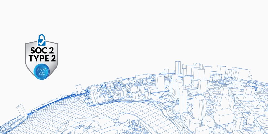 Wherobots city scape with SOC 2 Type 2 attestation seal