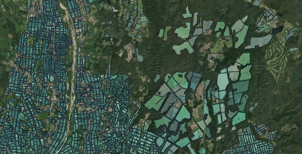 Agricultural field boundaries predicted by Taylor Geospatial’s Fields of the World model running on RasterFlow.