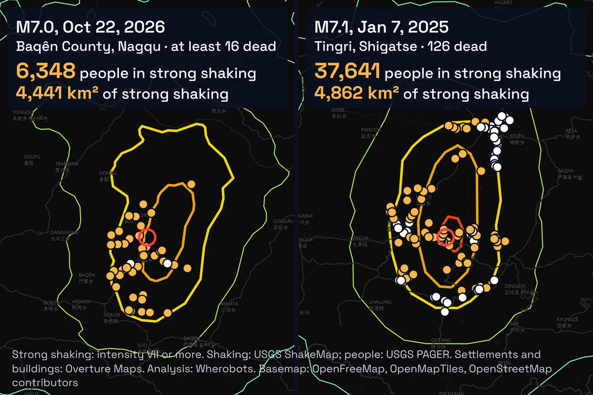 Two maps at the same scale. The October 22, 2026 Tibet earthquake put 6,348 people in 4,441 km² of strong shaking; the January 2025 Tingri earthquake put 37,641 people in 4,862 km².