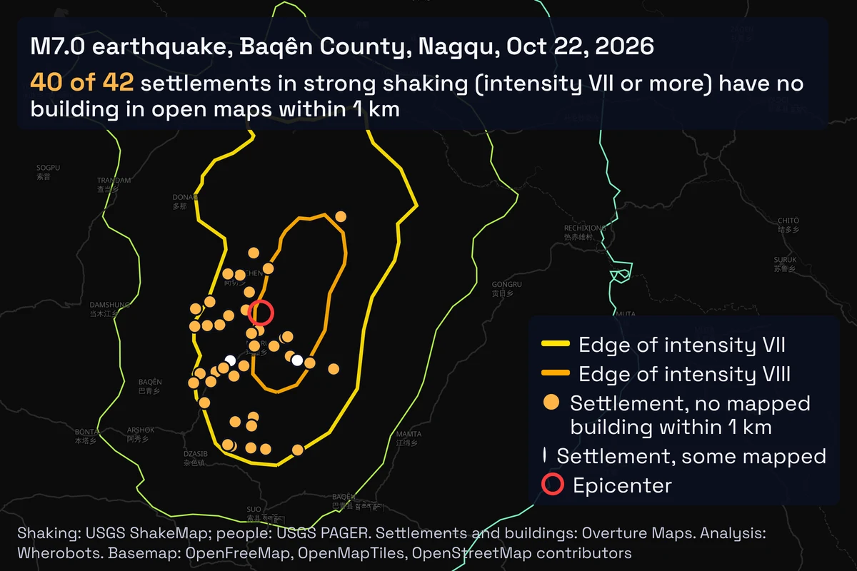 Map of the October 22, 2026 Tibet earthquake's strong shaking around the epicenter in Baqên County. 40 of the 42 settlements inside it have no building mapped within 1 km in open maps.