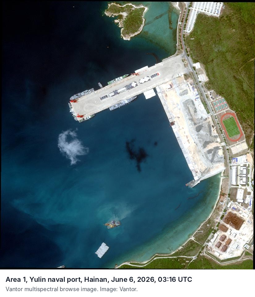 Vantor multispectral browse image of a naval port on Hainan, June 6, 2026