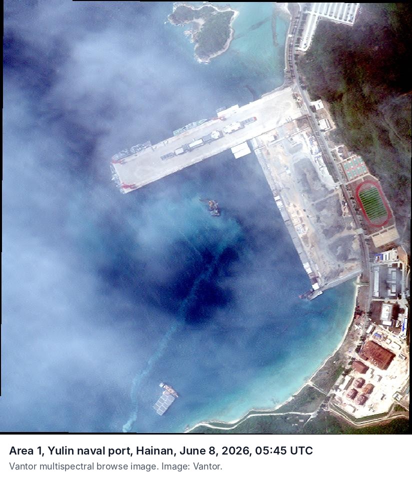 Vantor multispectral browse image of a naval port on Hainan, June 8, 2026