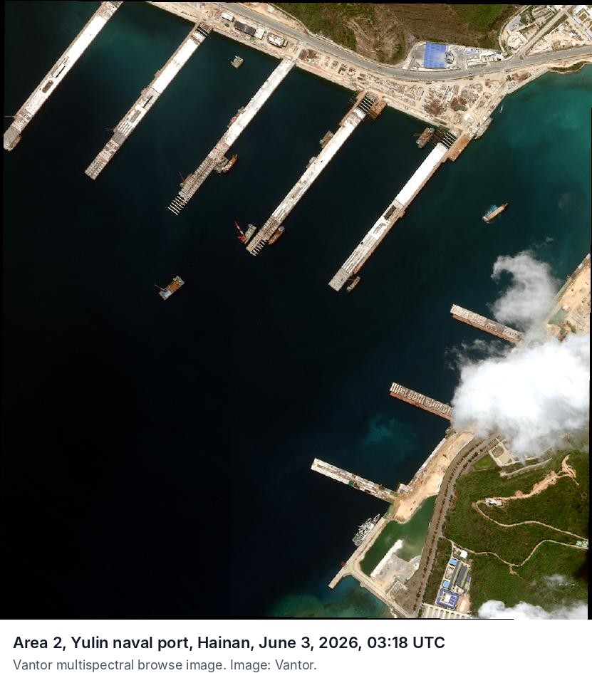 Vantor multispectral browse image of a naval port on Hainan, June 3, 2026