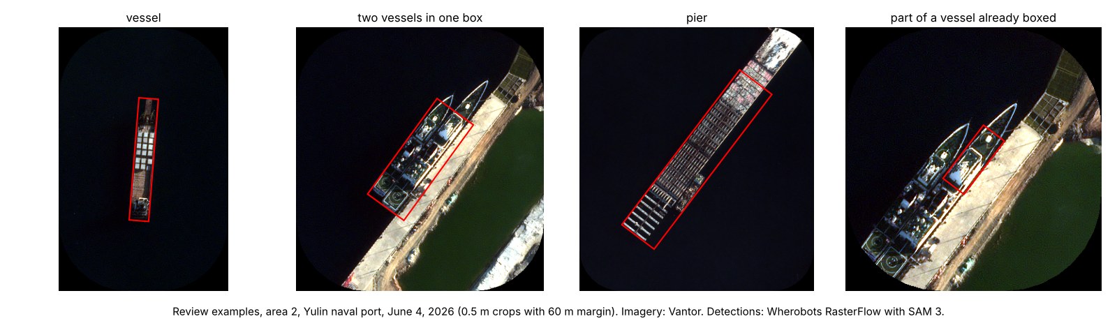 Four review crops from area 2 on June 4, 2026: a single vessel, two vessels moored side by side in one outline, a pier with construction modules, and an outline covering part of a vessel