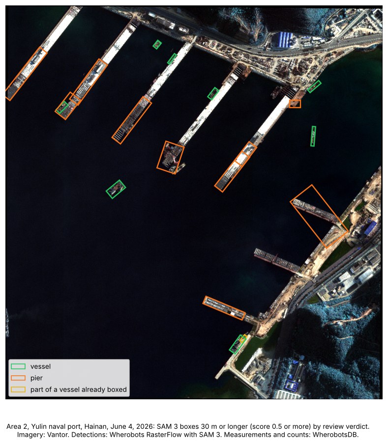 Overview of area 2 of the Yulin Naval Base on June 4, 2026, with SAM3 outlines 30 m or longer drawn in green for vessels, orange for piers and yellow for parts of vessels already counted. Most orange outlines lie along long piers that carry rows of construction modules