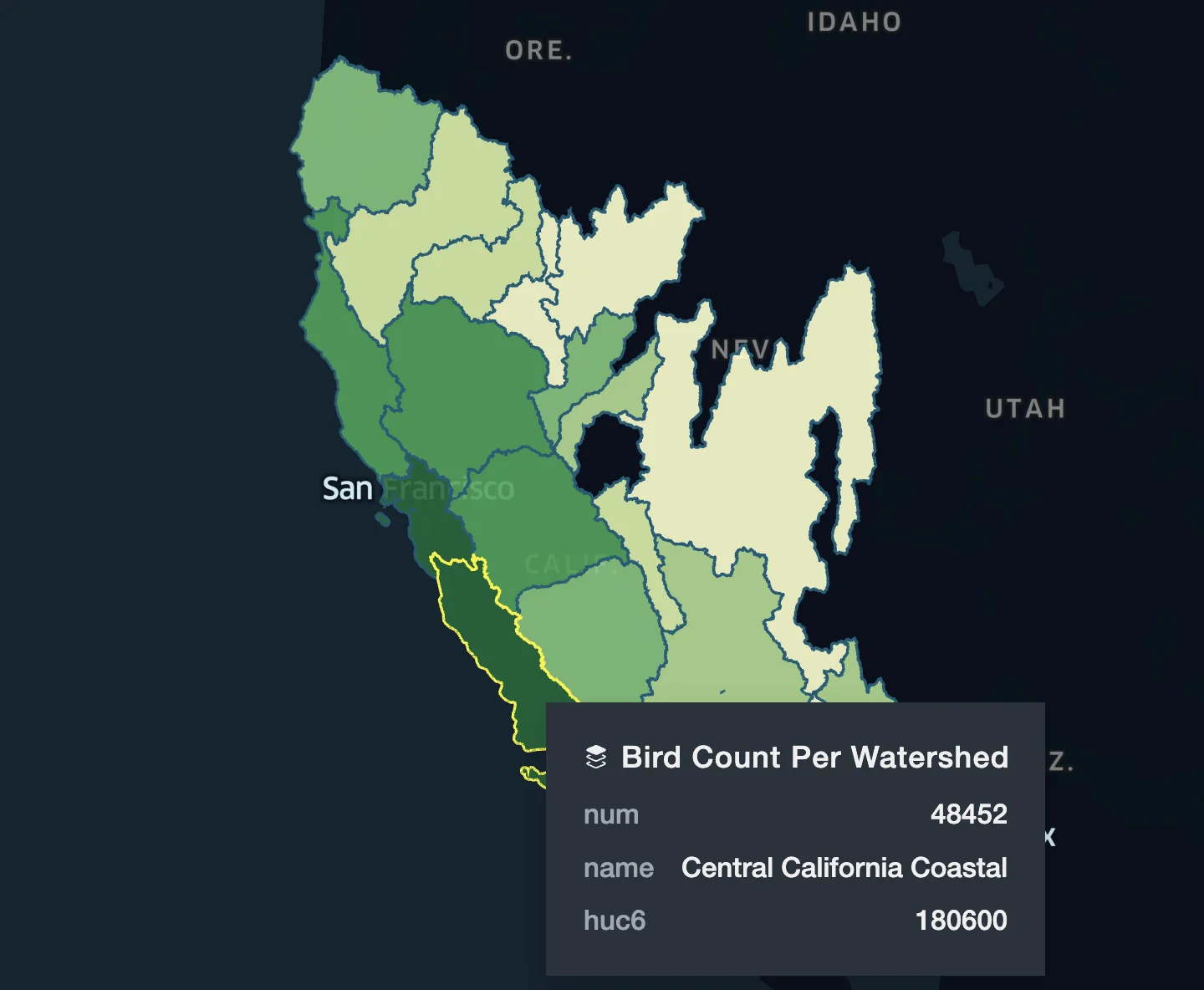 Bird observations per watershed