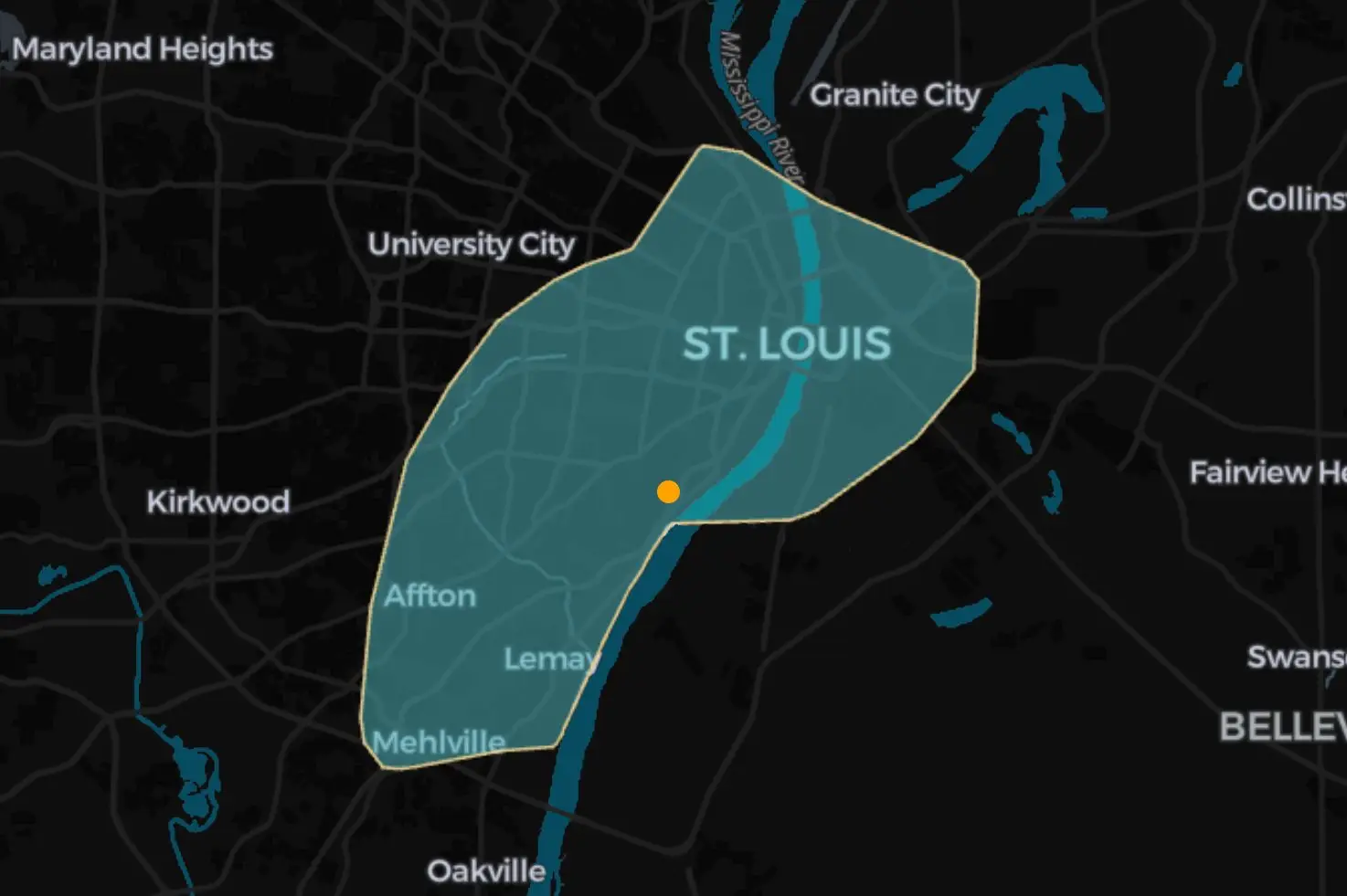 Image of 10 minute travel isochrone from a point in St. Louis, MO