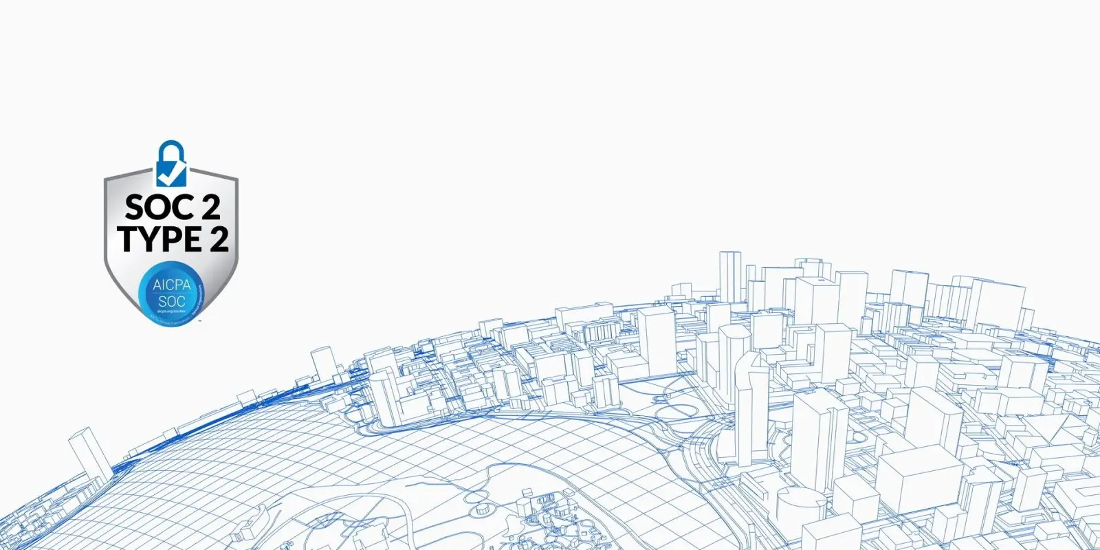 Wherobots city scape with SOC 2 Type 2 attestation seal