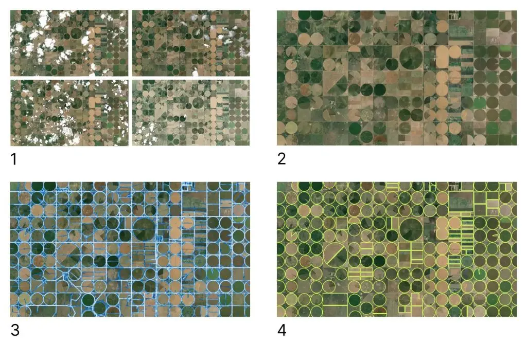 Four aerial images of crop fields, numbered 1 through 4